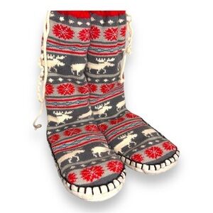 LAZY ONE WOMENS SLIPPER SOCKS RED GREY SLIP ON SLIPPERS HOLIDAY FESTIVE